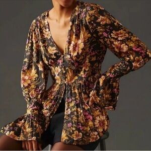 Anthropologie deep v neck tunic black motif floral corset long sleeve blouse